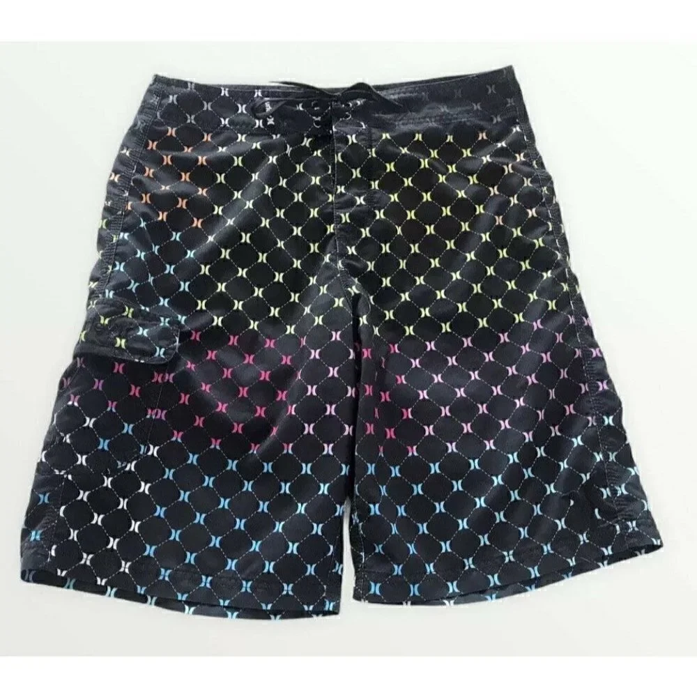 Hurley Black Pink Blue Orange Logo Print Boardshorts 32